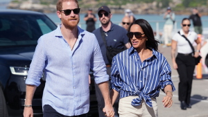 FILE - Prince Harry, and Meghan, the Duke and Duchess of Sussex, arrive for an event, during a visit to Bondi Beach, Australia, April 17, 2026.