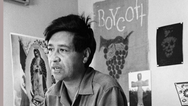 A greyscale photo of Cesar Chavez in a collared shirt. He is only shown from the shoulders up. Behind him are several posters on the wall, one of which says ‘Boycott.’