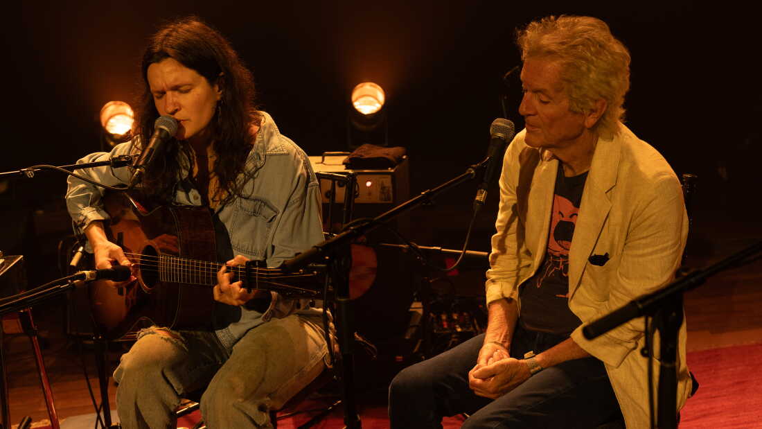 Adrianne Lenker sings alongside Rodney Crowell during Big Thief's preview of the group's album Horsepower at the Ryman Auditorium in Nashville.