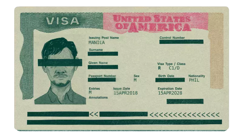 An illustration of a U.S. Visa identity card with the person's identity crossed out.