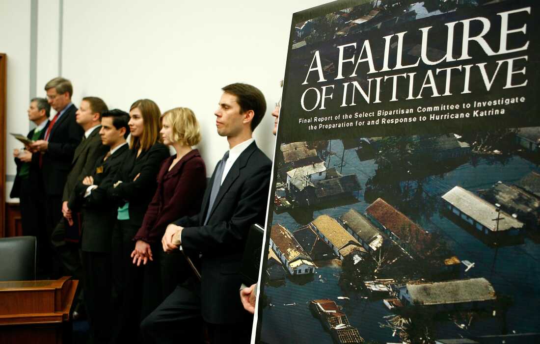 Congressional aids listen as the House Select Hurricane Katrina Committee presents its report on Capitol Hill February 15, 2006 in Washington, DC. The report, entitled "A Failure of Initiative," details, in part, the failure of local, state and national government to respond disaster in the wake of the storm.