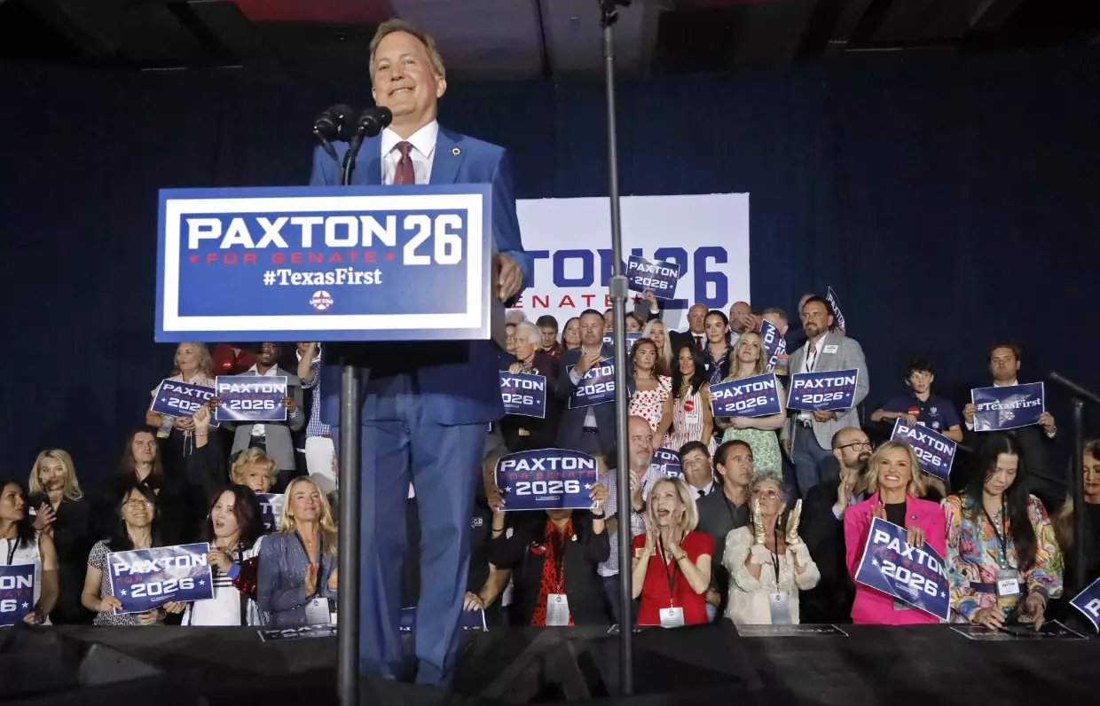 Texas Attorney General Ken Paxton speaks at an election night watch party held by the Lone Star Liberty PAC Tuesday in Plano, Texas. Paxton defeated Sen. John Cornyn, R-Texas, in a Senate primary runoff election and will face Democrat James Talarico in the November general election.