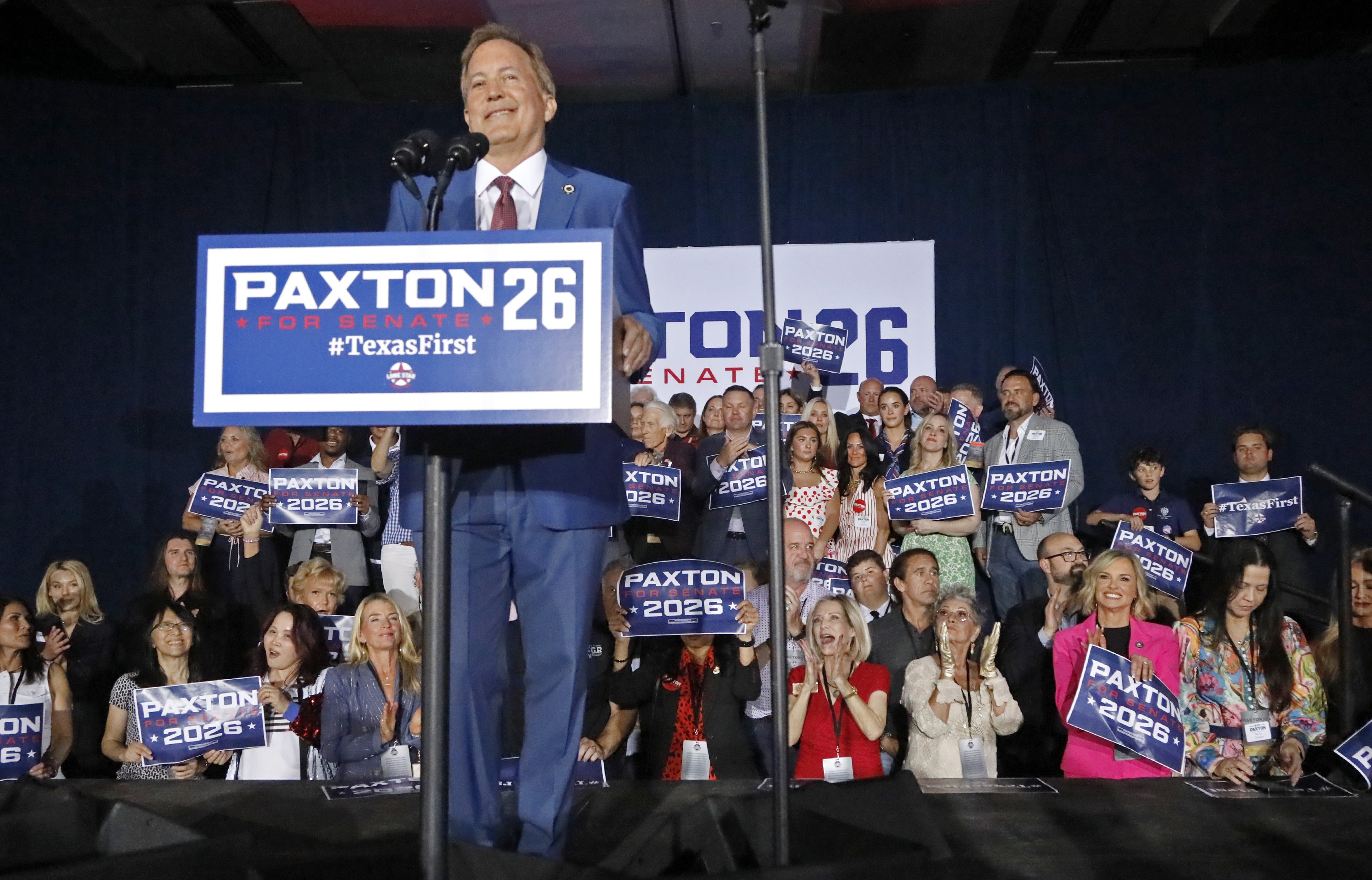 Texas Attorney General Ken Paxton speaks at an election night watch party held by the Lone Star Liberty PAC Tuesday in Plano, Texas. Paxton defeated Sen. John Cornyn, R-Texas, in a Senate primary runoff election and will face Democrat James Talarico in the November general election.