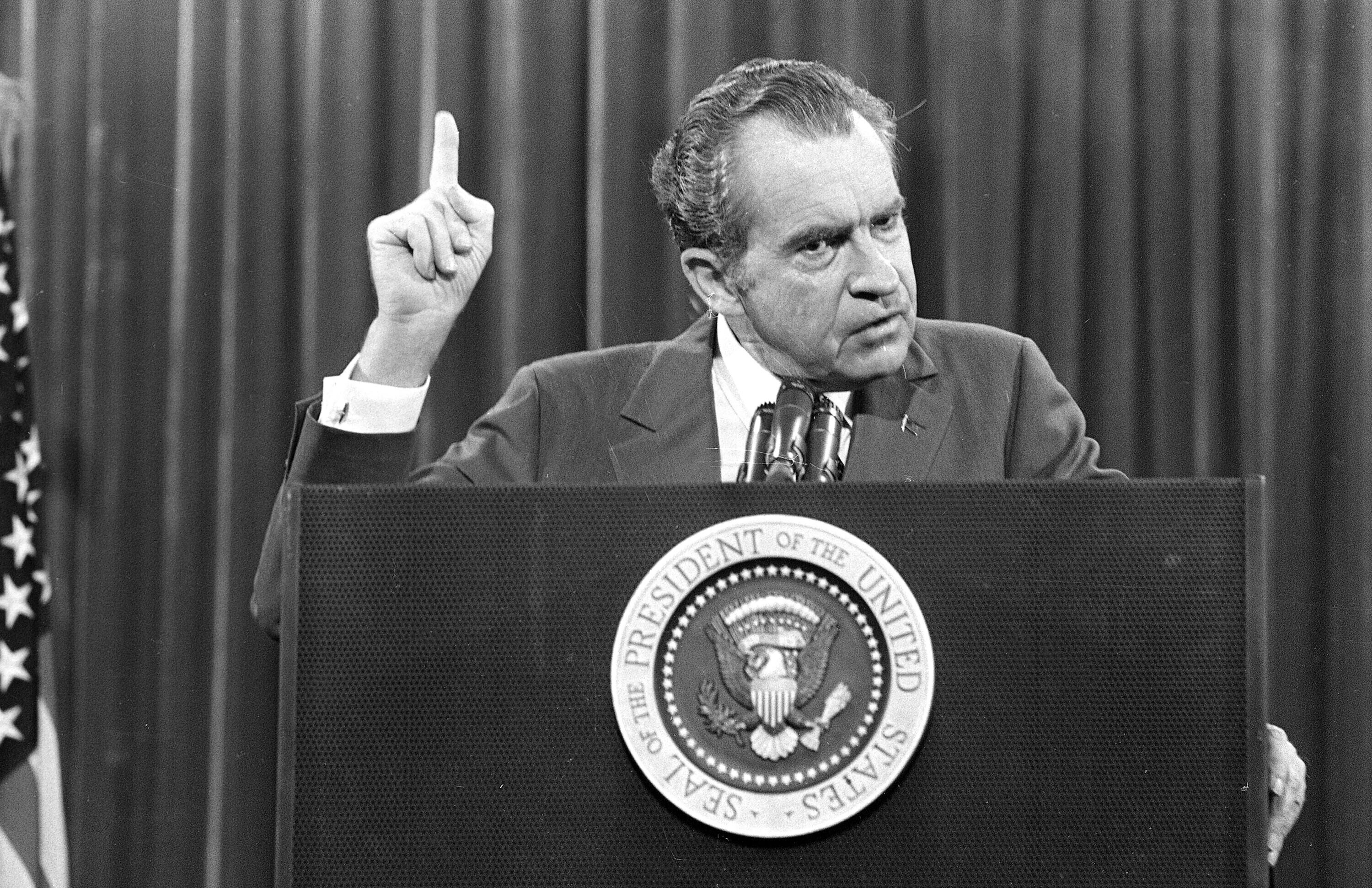 In this Nov. 17, 1973 file photo, President Richard Nixon speaks near Orlando, Fla. to the Associated Press Managing Editors annual meeting. Nixon told the APME "I am not a crook."