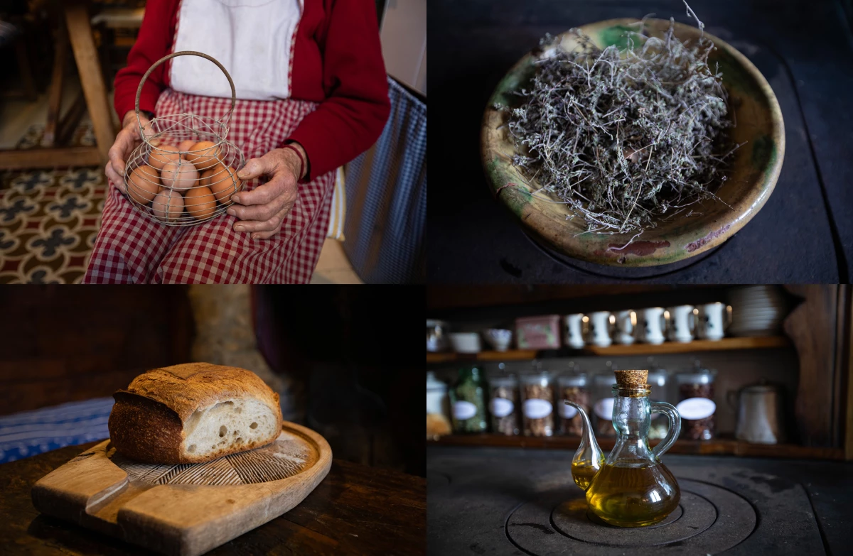 Clockwise from top left: Angela Farre Palacin holds a basket of eggs. Every dish of sopa de farigola — thyme soup — contains one egg per person. Thyme and olive oil and a loaf of bread are main ingredients in the soup.