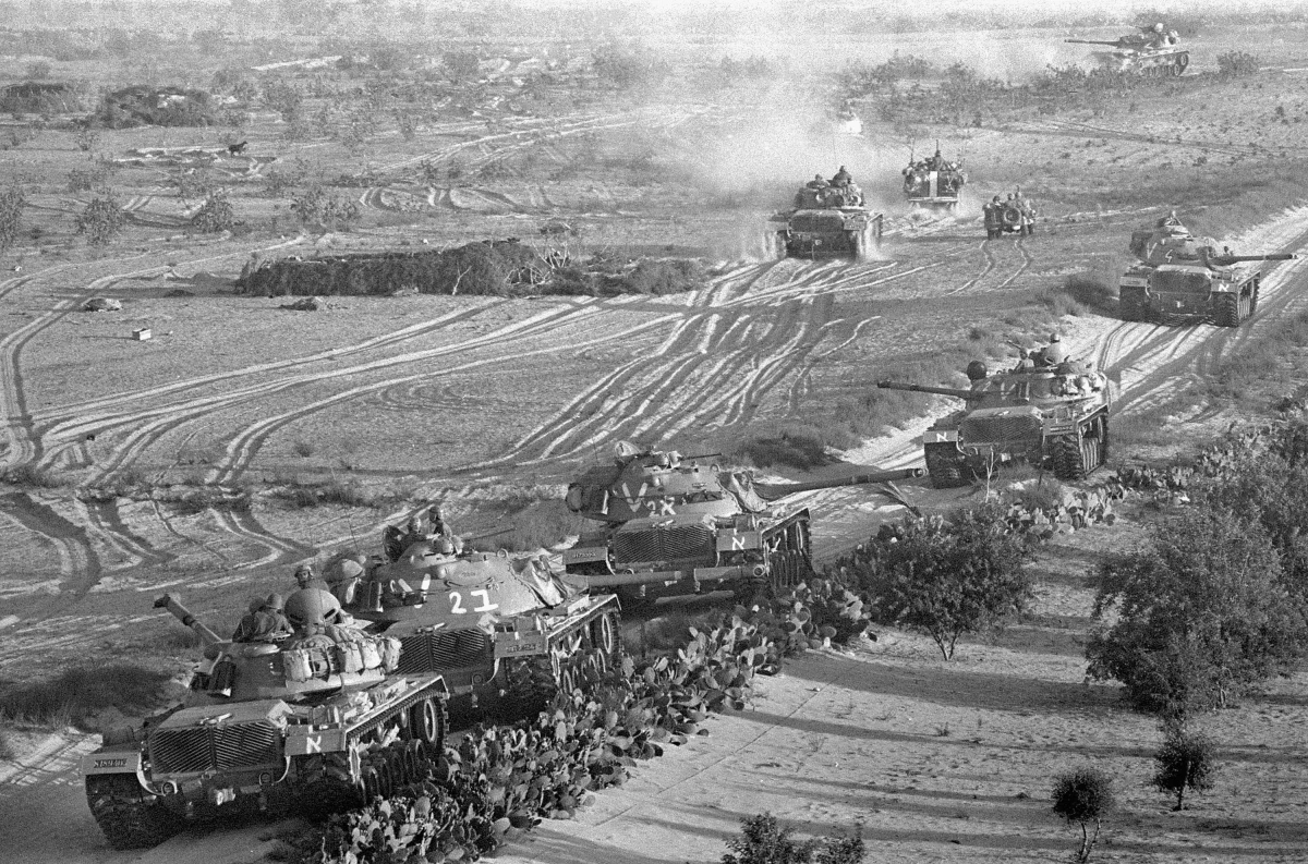 Israeli armor advances against Egyptian troops at the start of the Six-Day War, June 5, 1967, near Rafah, Gaza Strip.