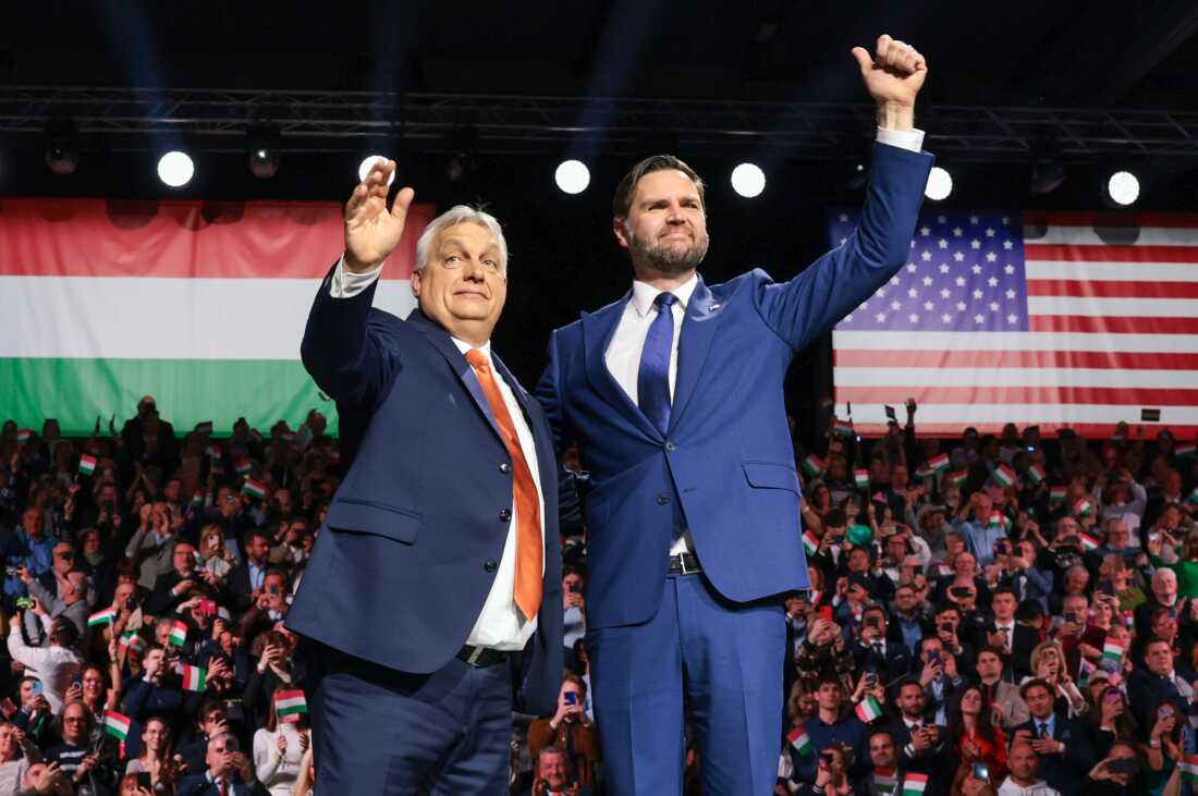 U.S. Vice President JD Vance (R) and Hungarian Prime Minister Viktor Orban appear on stage together during the Day of Friendship event at MTK Sportpark on April 7, 2026 in Budapest, Hungary.