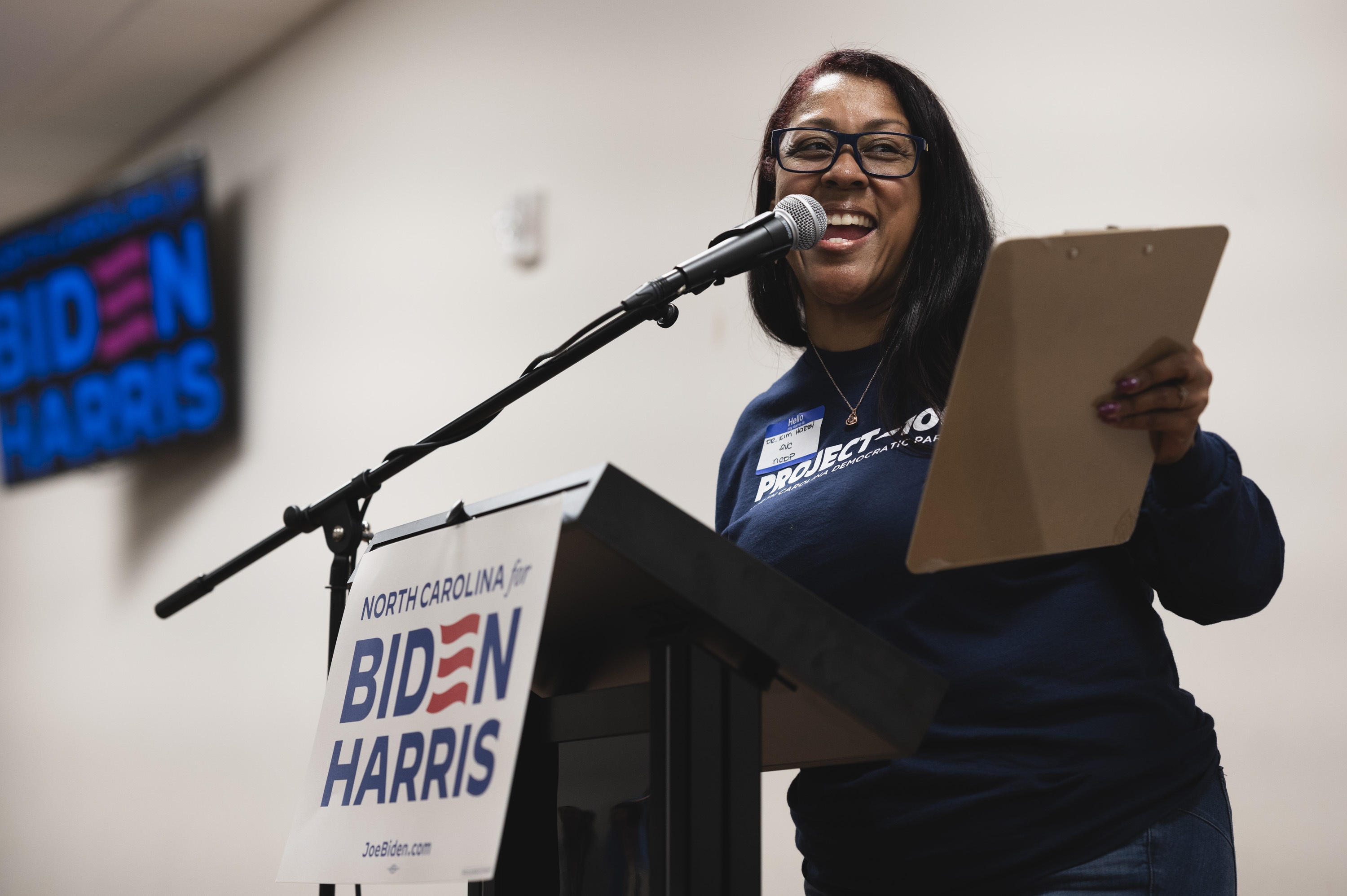 Kimberly Hardy speaks at a DNC event at the Impact Center World Tabernacle Church in Rocky Mount, N.C., on May 23.