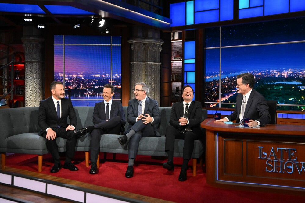 The Late Show with Stephen Colbert and guests Jimmy Kimmel, Jimmy Fallon, John Oliver, and Seth Meyers during Monday's May 11, 2026 show. (CBS Broadcasting Inc.)