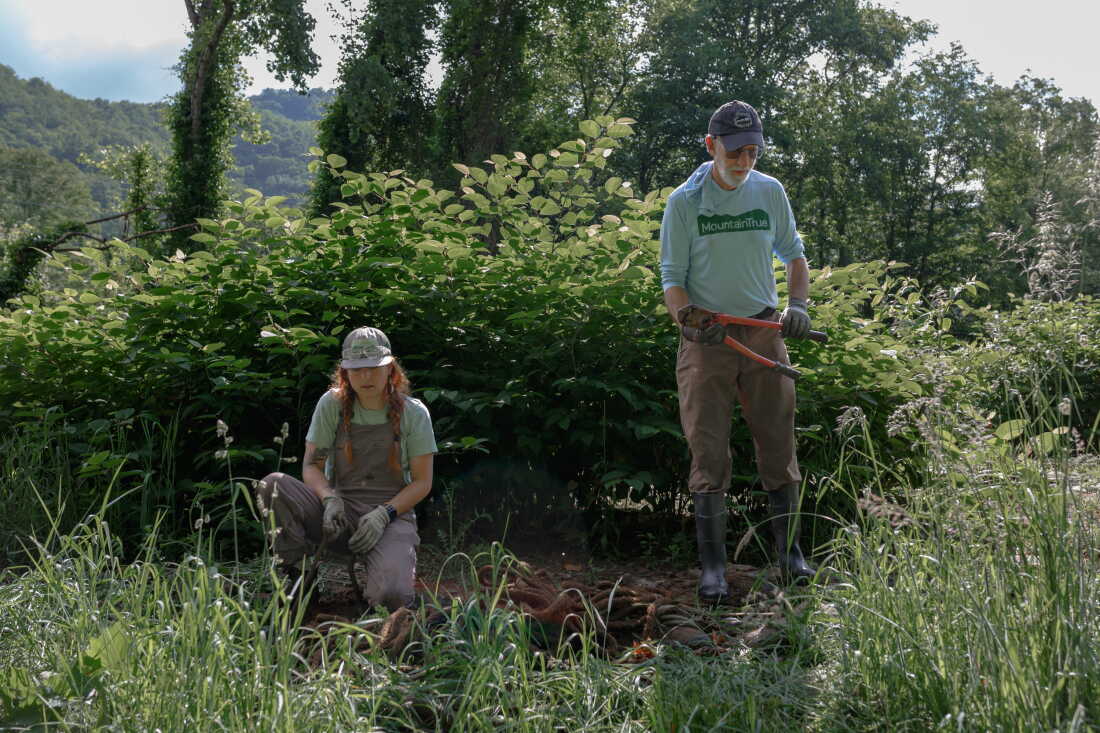 Haley Smith, left, and Michael Crooks, right, clean up debris from a river.