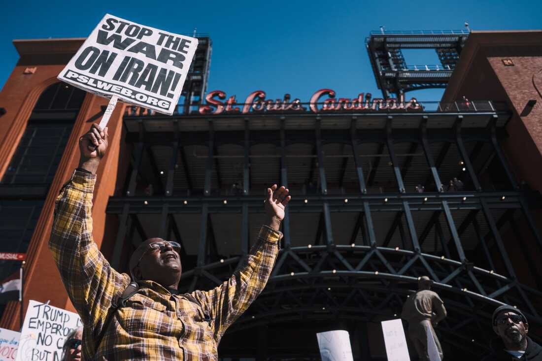 Duane Inge, a 63-year-old demonstrator from north St. Louis, protests during a “No Kings” rally and march on Saturday, March 28, 2026, in downtown St. Louis. Inge said he was protesting in response to issues around immigration and government-backed medical assistance. “It’s horrible the way America is going,” he said. “It looked like it was moving forward for a time.”
