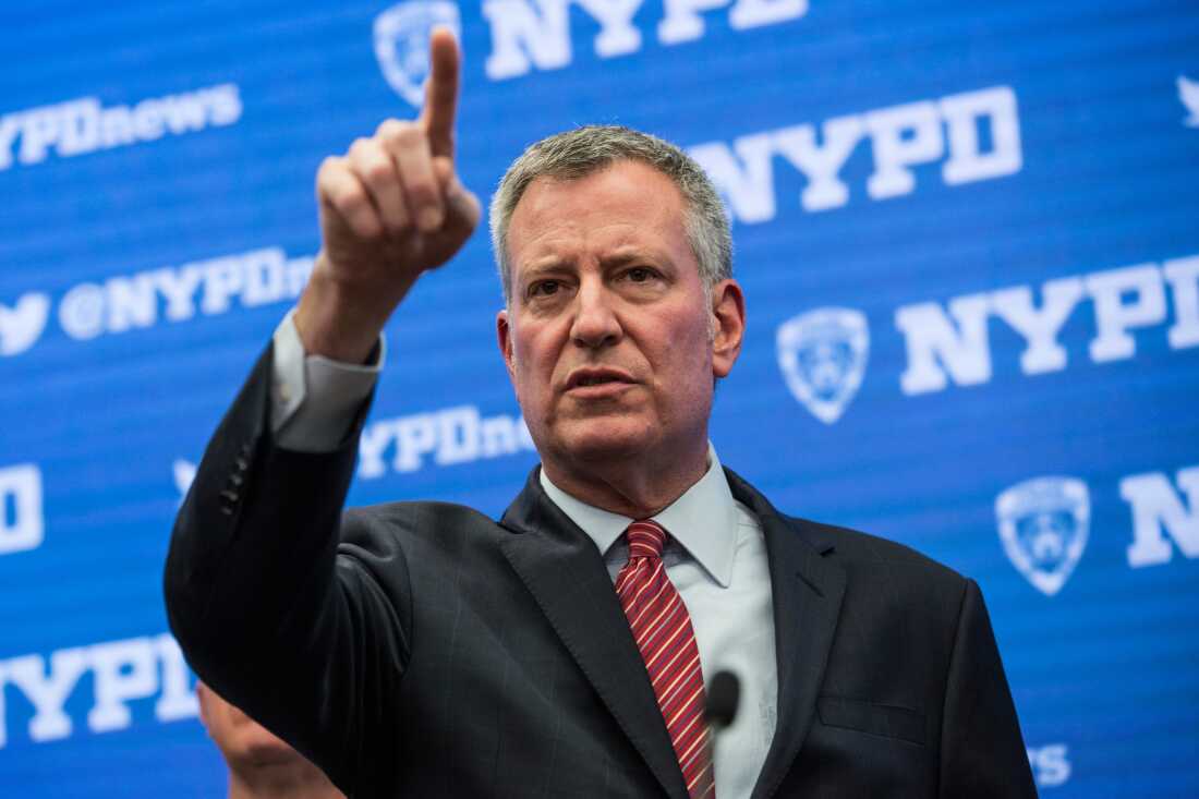 Former New York City Mayor Bill de Blasio speaks at a press conference on Dec. 29, 2015 at Madison Square Garden. De Blasio says his policies helped lower crime, but concedes it was difficult to break through GOP criticism and convince voters.