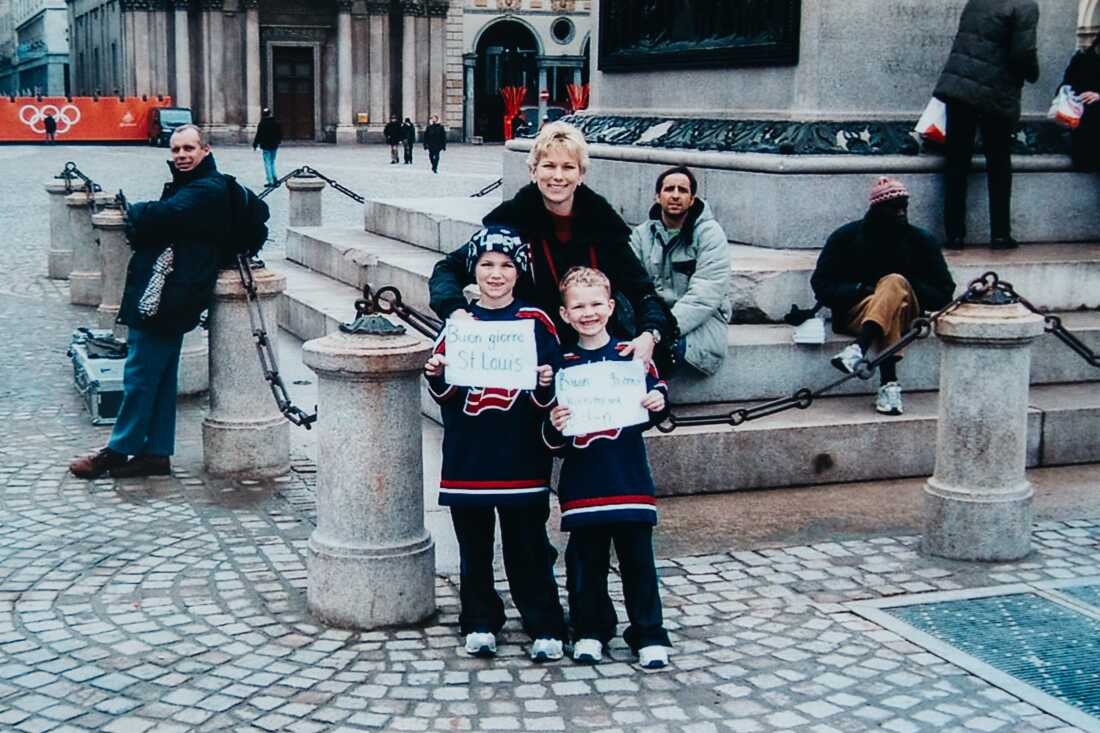 A 2006 photograph of Chantal Tkachuk, center, alongside a young Matthew Tkachuk, left, and Brady Tkachuk, right, at the 2006 Turin Winter Olympics. Their father, Keith Tkachuk, was an American Hockey player on the team that took