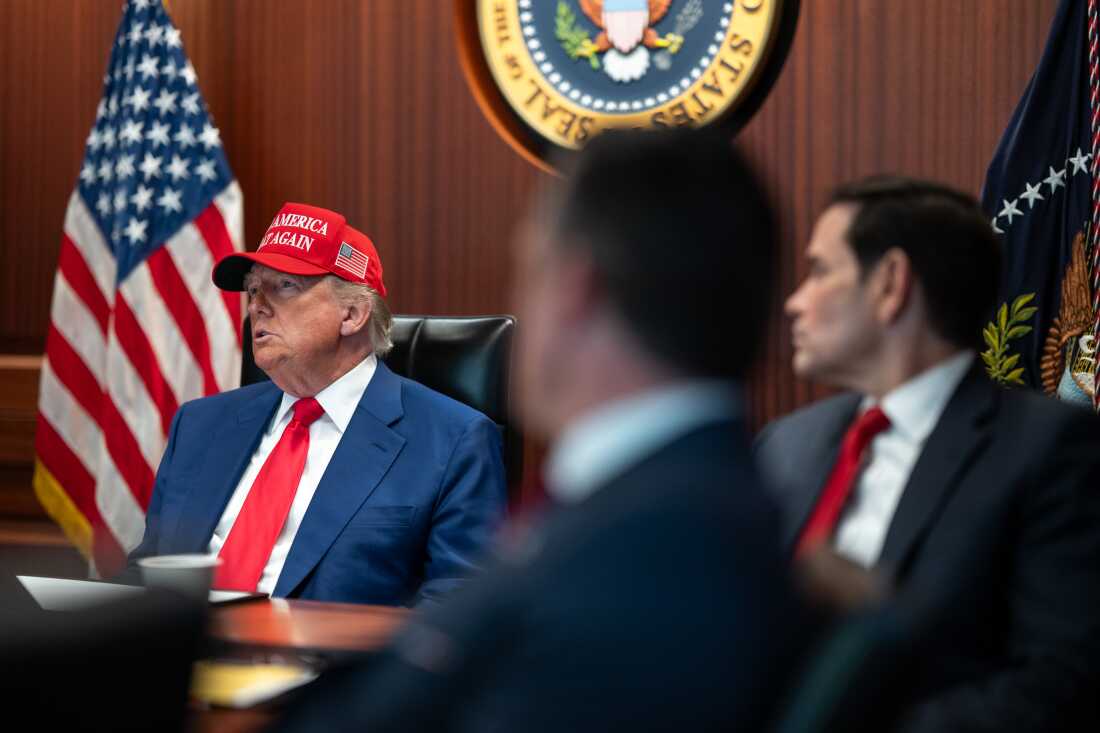 In this handout provided by the White House, President Trump, Defense Secretary Pete Hegseth and Secretary of State Marco Rubio sit in the Situation Room as they monitor the military strikes against three Iranian nuclear facilities on Saturday.