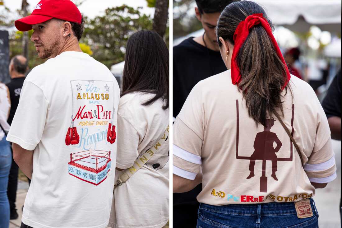 People wearing Bad Bunny-themed t-shirts wait in line to enter the Super Bowl LX registration-only watch party at El Escambrón Beach in San Juan, P.R., on Sunday, Feb. 8.