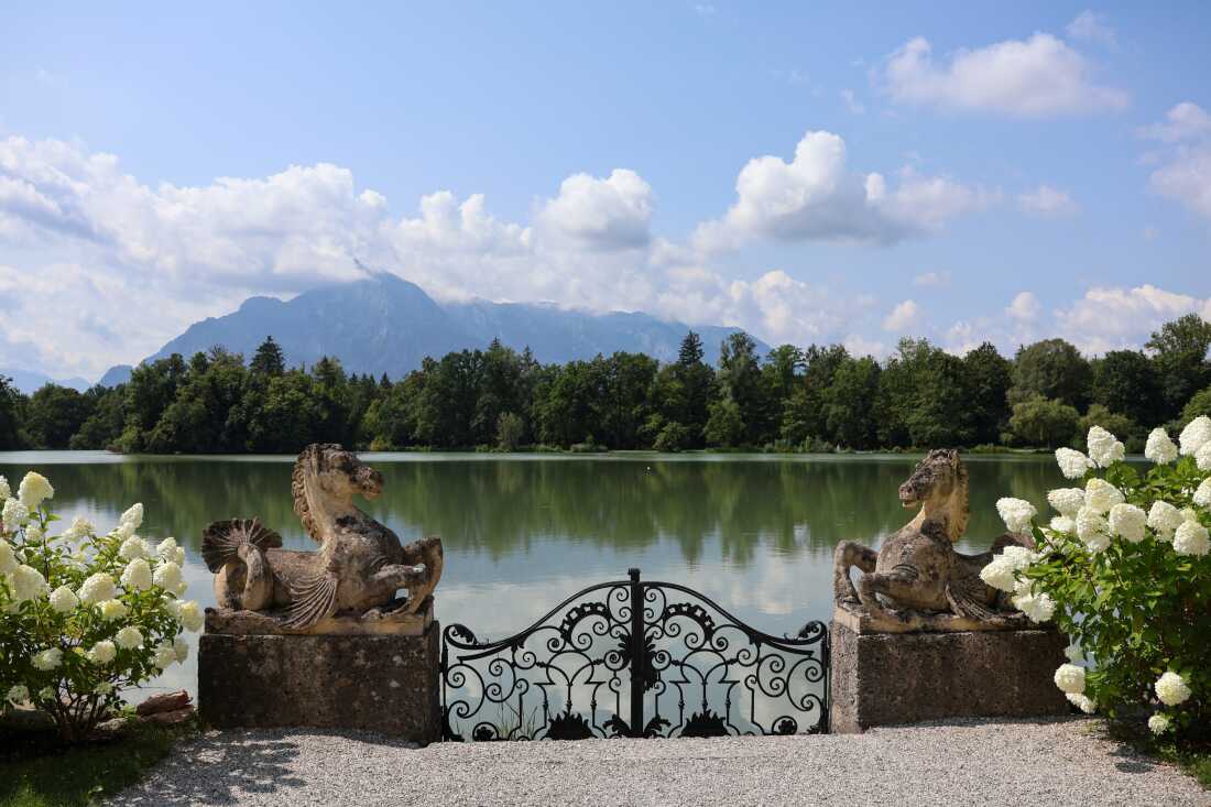 The Untersberg Mountains, part of the Alps, appear in the distance from the back of Leopoldskron palace. 