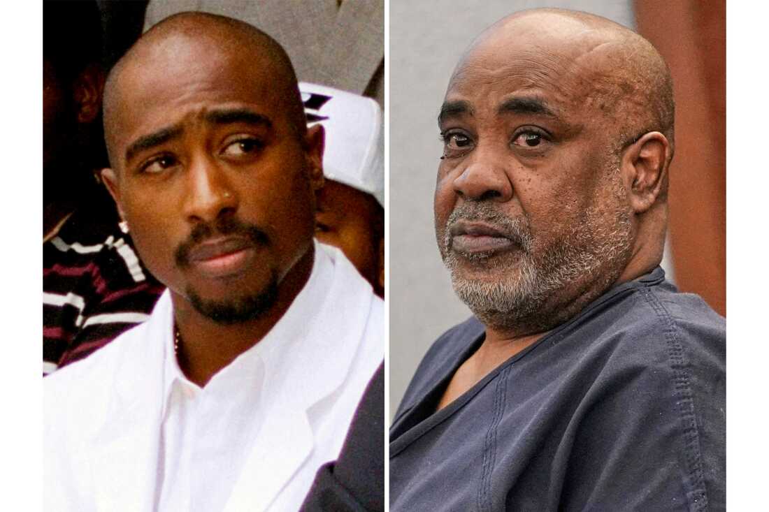 Rapper Tupac Shakur attends a voter registration event in South Central Los Angeles on Aug. 15, 1996, left, and Duane "Keffe D" Davis appears in District Court for his involvement in the 1996 killing of Shakur in Las Vegas on Feb. 18, 2025.