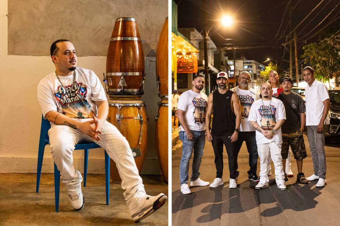 Musician David ‘Andy’ Andrés Rosado Moya poses for a portrait after playing Cuban rumba at El Gandul in Santurce, San Juan, P.R., on Sunday, Feb. 8, 2026. Rosado Moya, the bandeAndy y su Manana, made shirts inspired by Bad Bunny's Super Bowl performance.