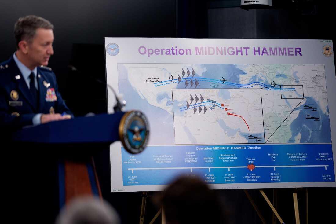 Chairman of the Joint Chiefs of Staff Air Force Gen. Dan Caine discusses the mission details of the strike during a news conference at the Pentagon on Sunday.
