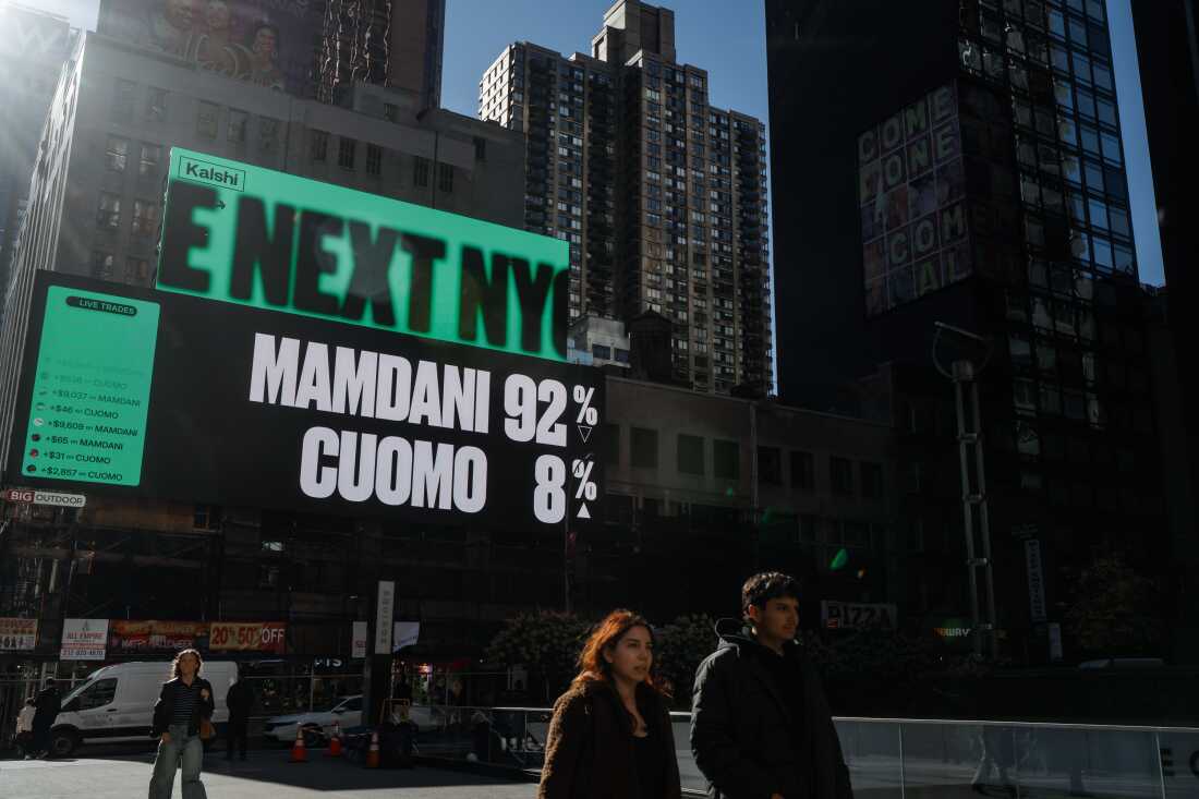 Advertisements by the company Kalshi predict a victory for Zohran Mamdani in the New York City mayoral election before the polls closed on Nov. 4, 2025.