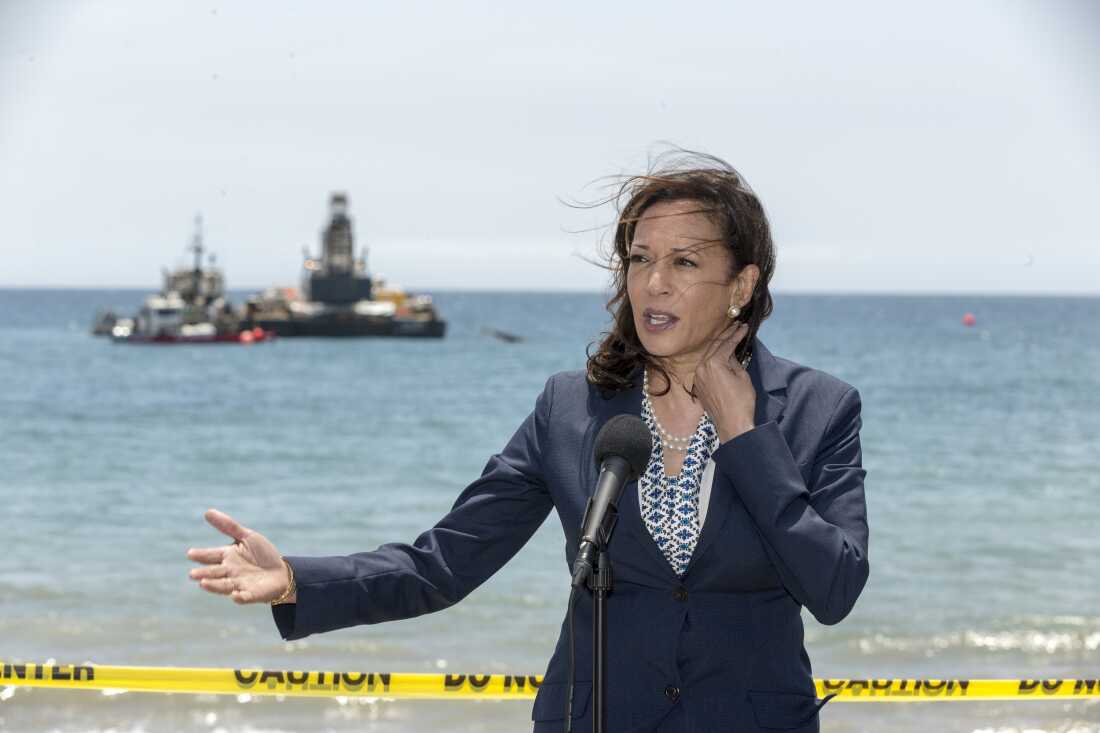 California Attorney General and U.S. Senate candidate Kamala Harris takes questions from the media after being briefed on the Santa Barbara oil spill at Refugio State Beach, north of Goleta, Calif., on Thursday, June 4, 2015.