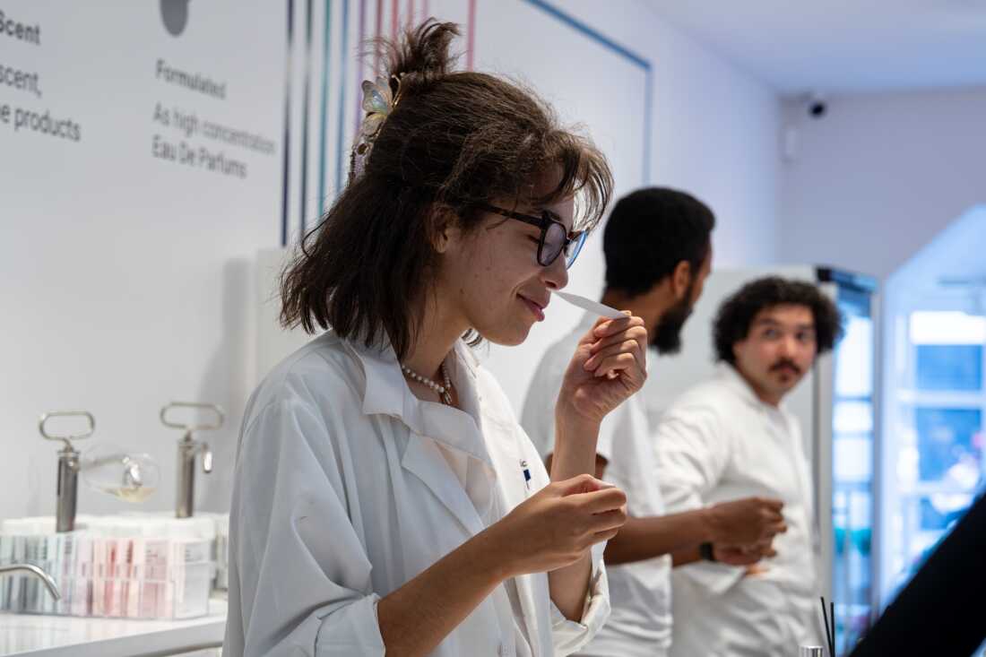 A scent-ologist smells a tester at the Olfactory NYC in Georgetown on Thursday May 16, 2024.