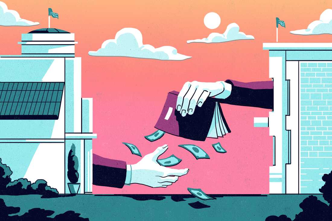 Money falling out of a book and exchanging hands.