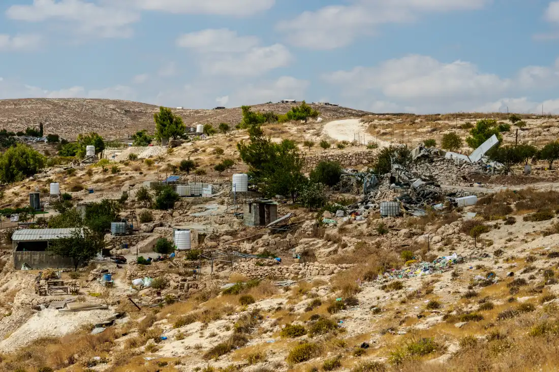 Rubble and the remains of demolished Palestinian homes and agricultural structures lie scattered across a hillside in Masafer Yatta, in the Israeli-occupied West Bank, on Sept. 24, 2026.