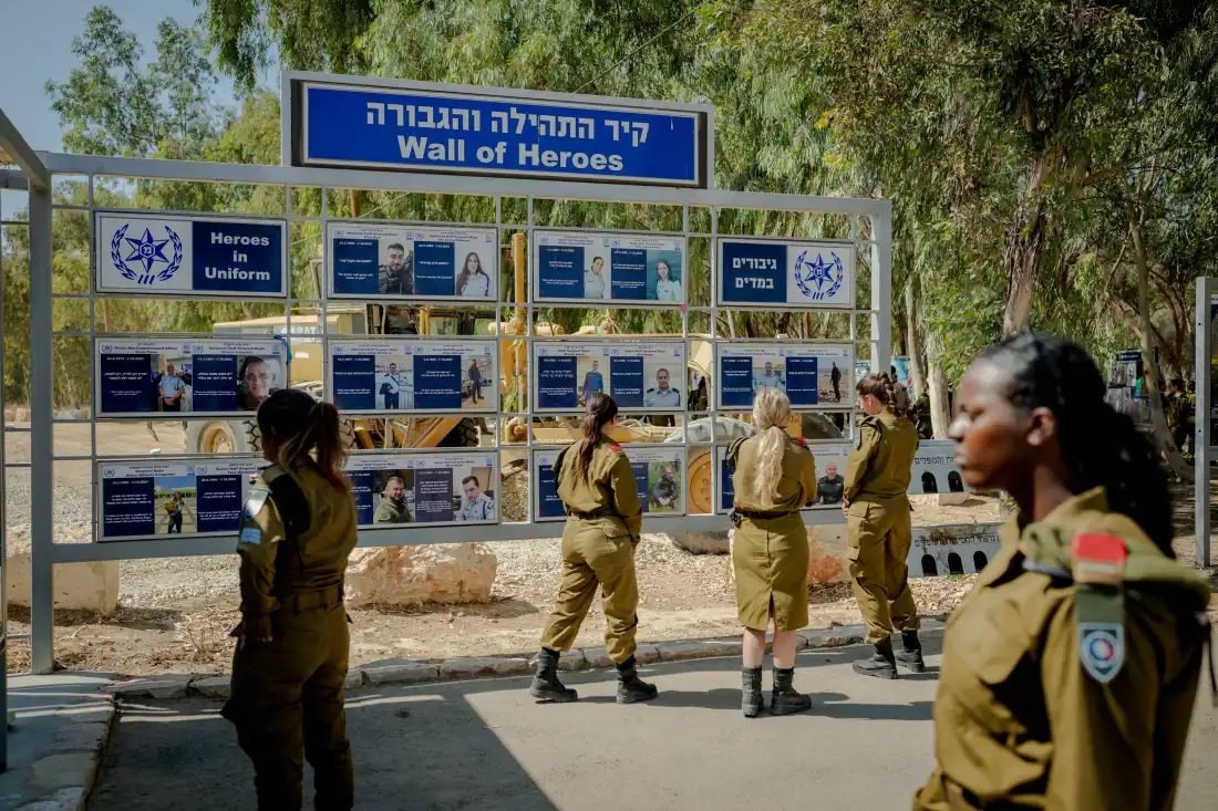 Israeli soldiers visit the "Wall of Heroes" memorial commemorating security personnel who died defending festivalgoers at the Nova festival site near Kibbutz Re'im, southern Israel, on Sept. 24, 2026. The site commemorates victims of the Hamas-led attack on Oct. 7, 2023. 