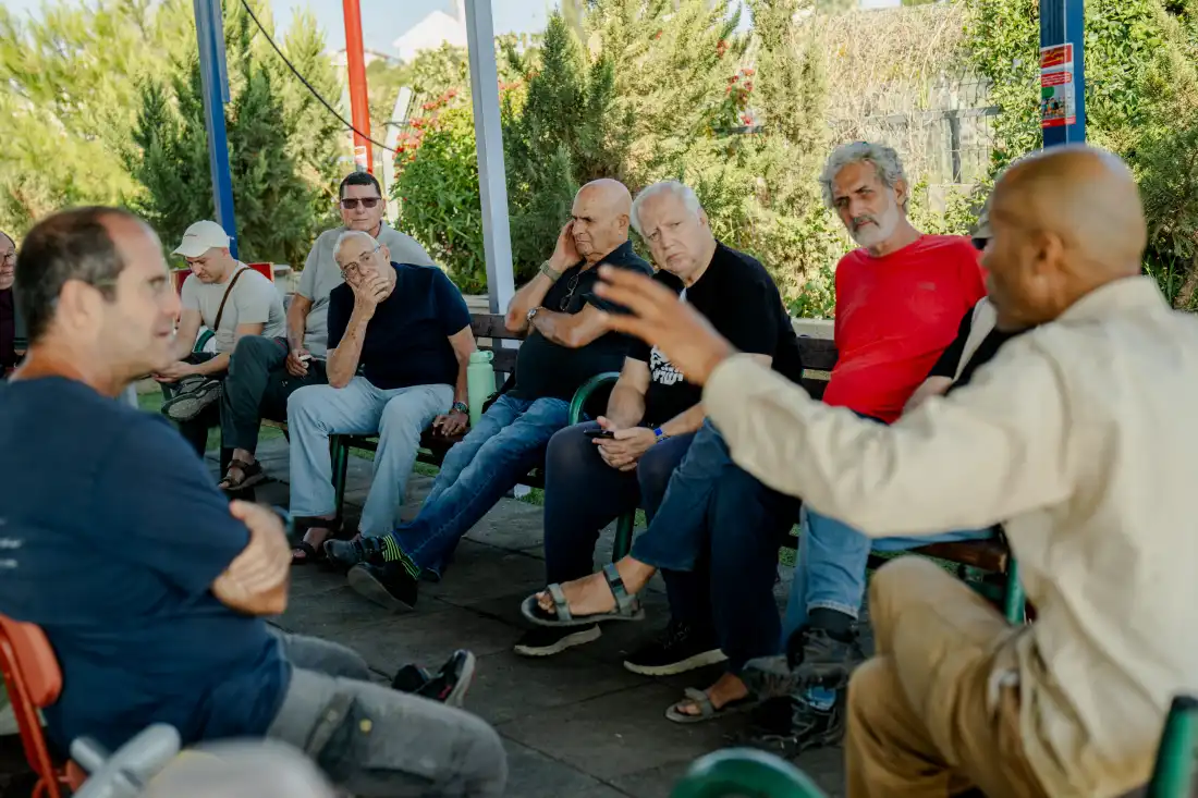 A delegation of retired Israeli military and government officials meet with Eid Salem (right), a local community leader, in the Palestinian village of Umm al-Kheir in the Israeli-occupied West Bank, on Sept. 24, 2026.
