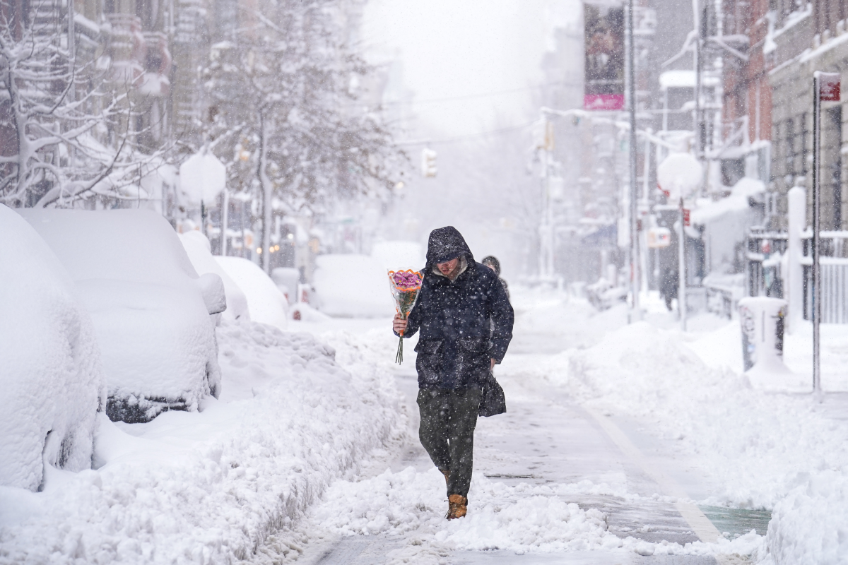 A person carrying flowers walks through the snow in the Lower East Side on February 23, 2026 in New York City.