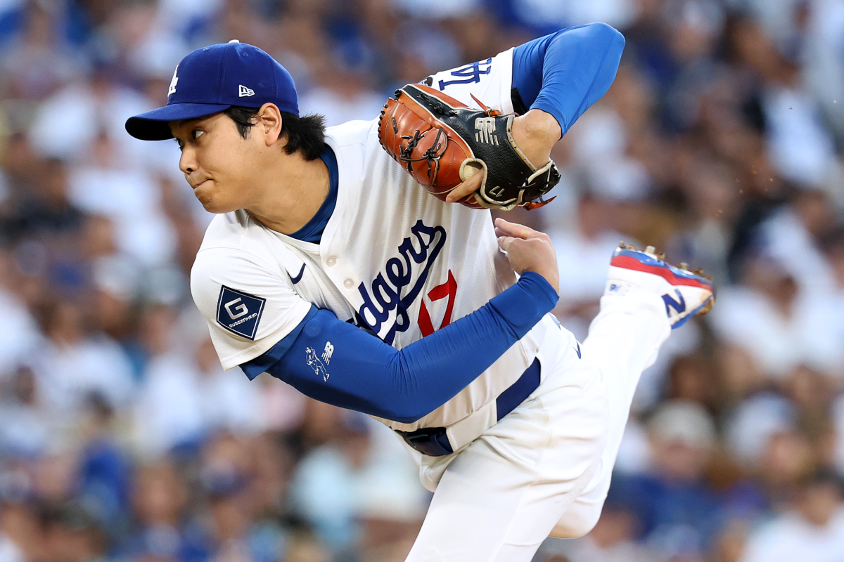 Shohei Ohtani of the Los Angeles Dodgers pitches against the Milwaukee Brewers in game four of the National League Championship Series at Dodger Stadium last Friday. Ohtani had ten strikeouts and hit three home runs in a legendary win.