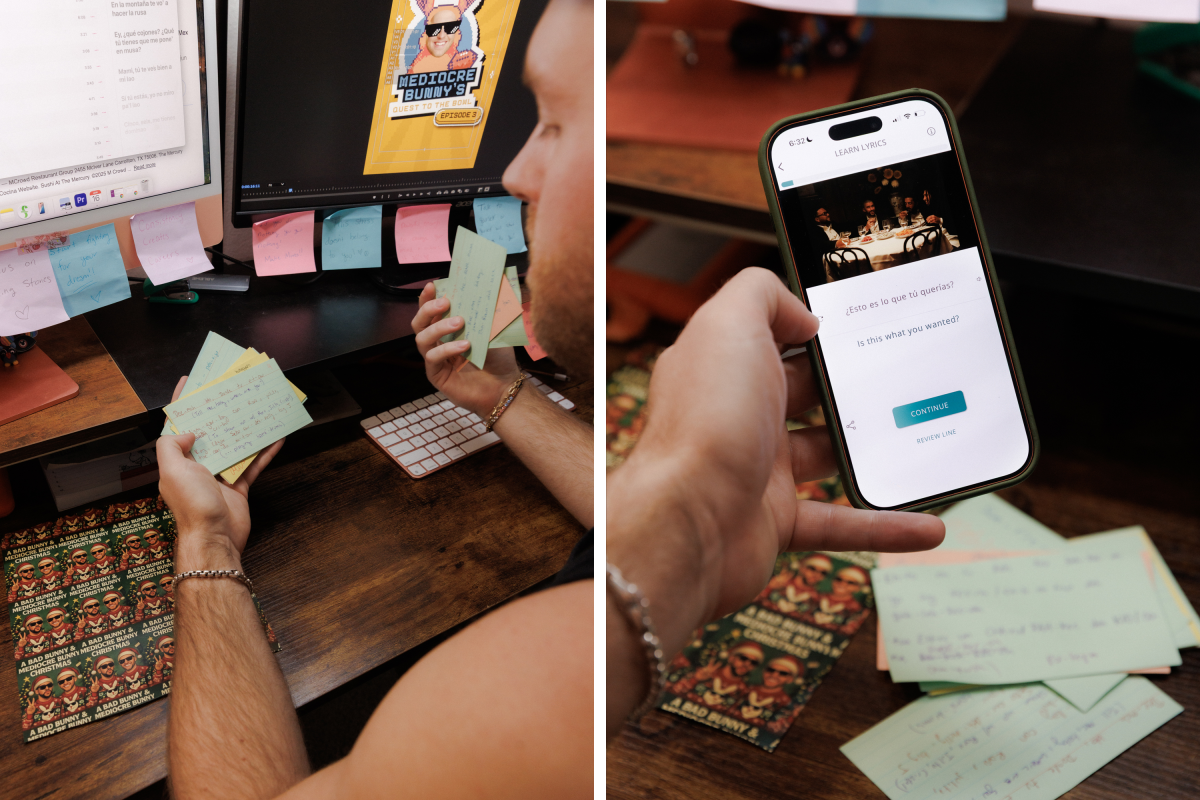 Niklaus Miller, 29, flips through flash cards of Bad Bunny's lyrics at his desk in Los Angeles; he uses the LyricFluent app to learn Spanish while memorizing the lyrics.
