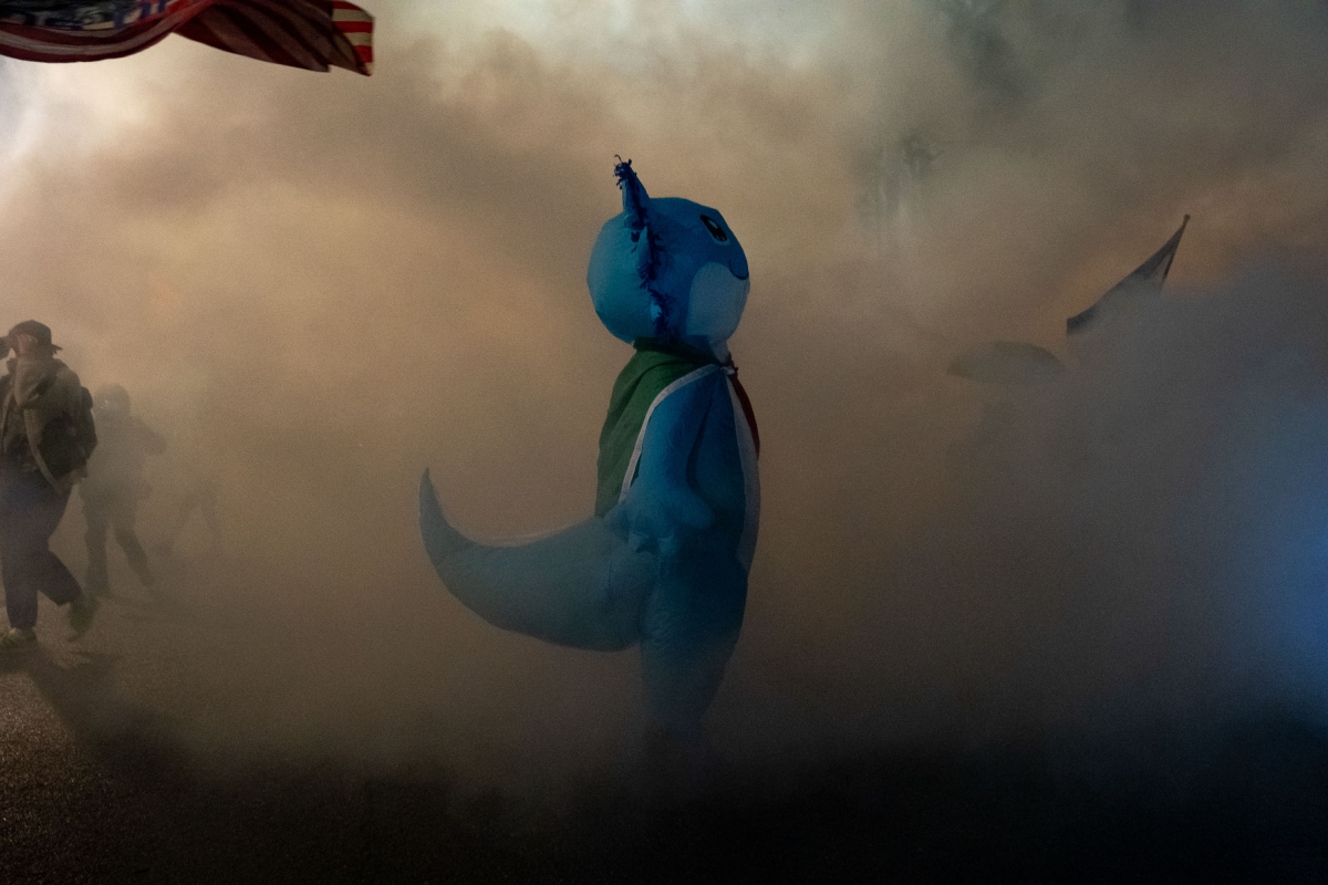 A protester in an inflatable axolotl costume wrapped in a Mexican flag navigates a cloud of tear gas outside a U.S. Immigrations and Customs Enforcement building in Portland, Ore., on Oct. 18, where federal officers deployed tear gas, flash-bangs and fired pepper balls.