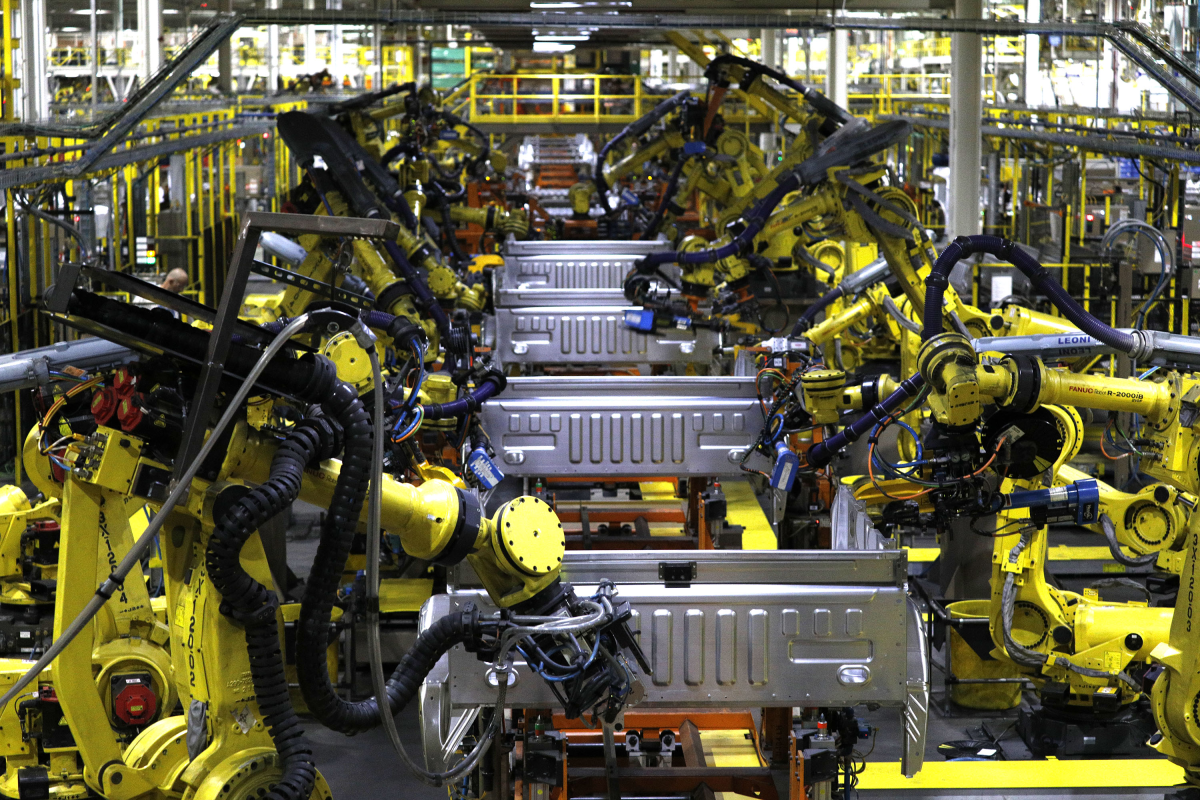Ford F150 trucks go through robots on the assembly line at the Ford Dearborn Truck Plant on Sept. 27, 2018, in Dearborn, Mich.