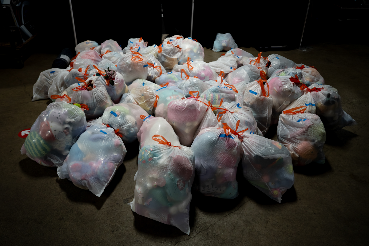 Several pounds of stuffed animals collected from figure skating fans are packed ready to be donated to local charities after the 2026 U.S. Figure Skating Championships on Saturday, Jan. 10, 2026, at the Enterprise Center in St. Louis.
