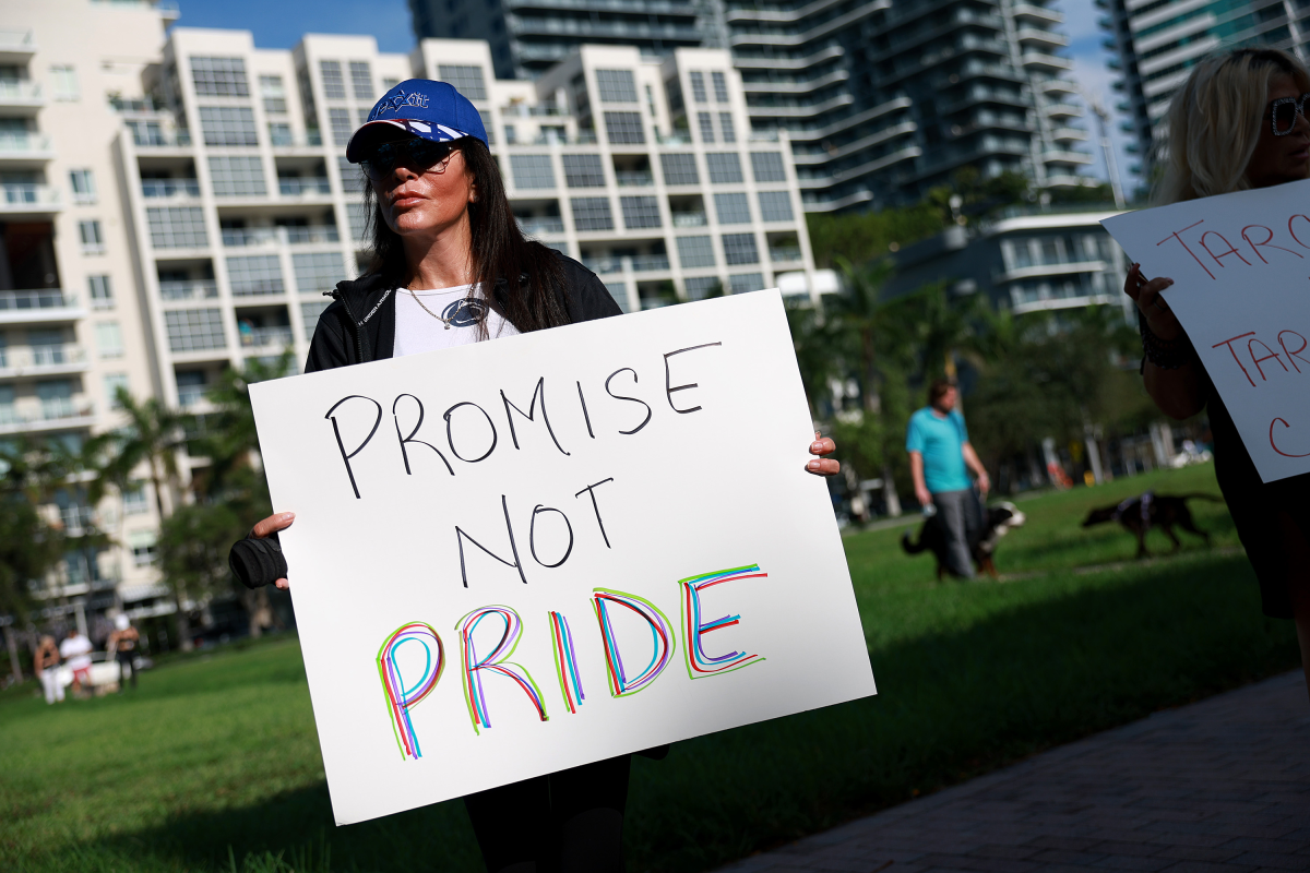 Michelle Terris (L) protests outside of a Target store on June 1, 2023 in Miami, Florida.