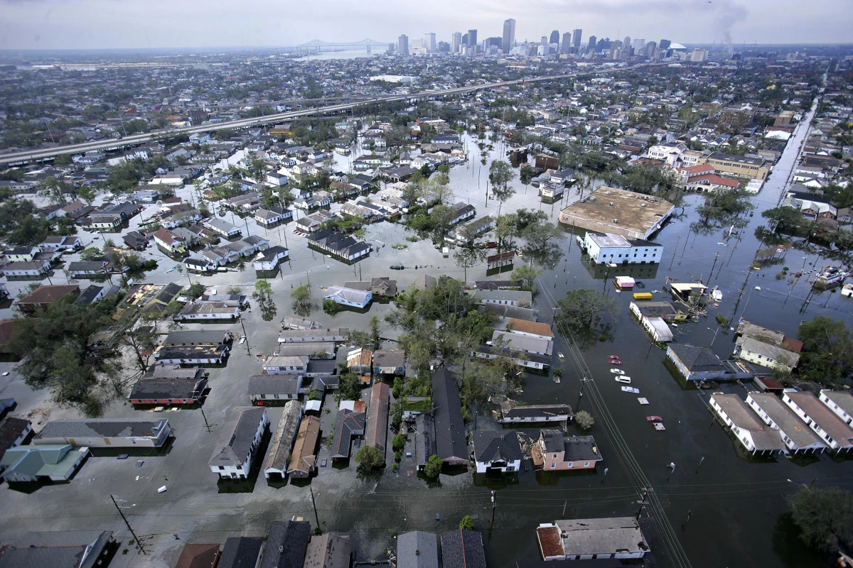 Flood waters from Hurricane Katrina cover streets in New Orleans on Aug. 30, 2005. It is estimated that 80 percent of the city was under flood waters as levees broke and leaked around Lake Pontchartrain.