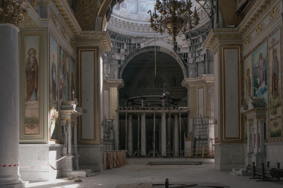 The Cathedral of the Transfiguration of Our Lord, a UNESCO-listed site, was damaged in a Russian missile strike last summer. It is currently undergoing renovation.