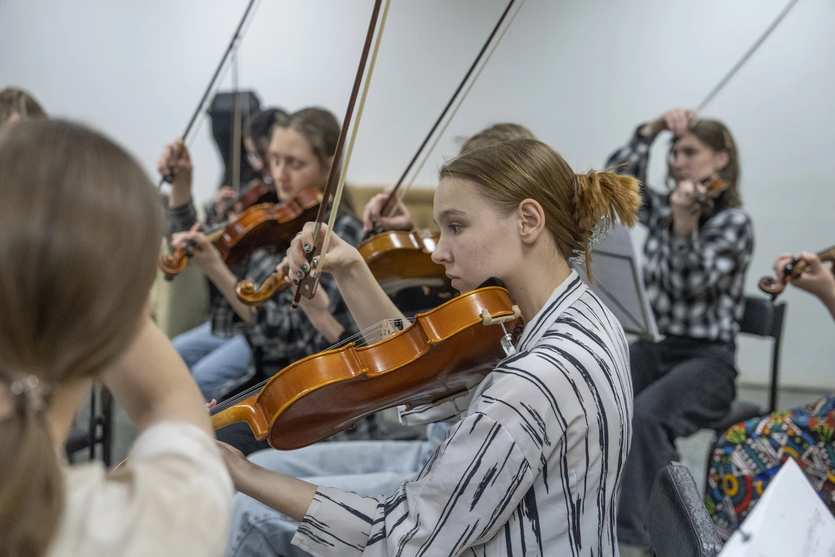 A children's orchestra rehearses for the Kharkiv Music Festival in the Kharkiv State Academic Opera and Ballet Theatre on May 26.
