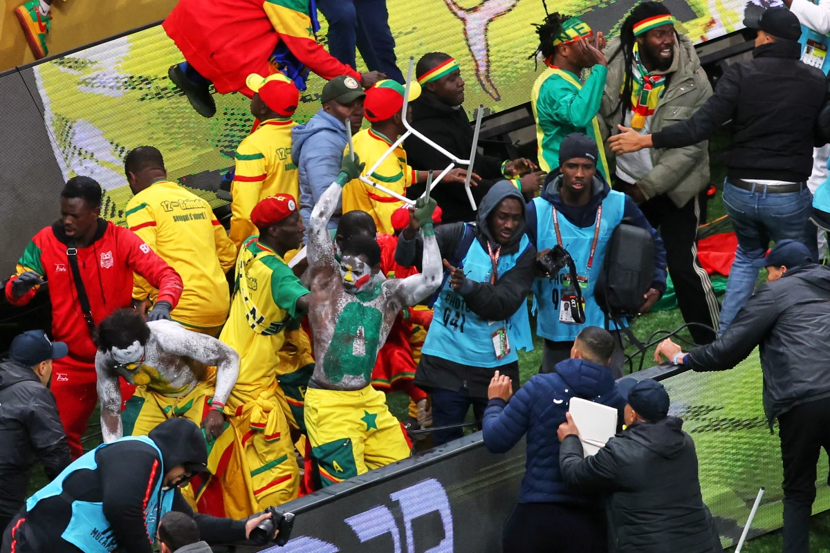 Senegal supporters protest after a controversial penalty was awarded to Morocco during the Africa Cup of Nations final soccer match between Senegal and Morocco on Jan. 18, 2026, in Rabat, Morocco.