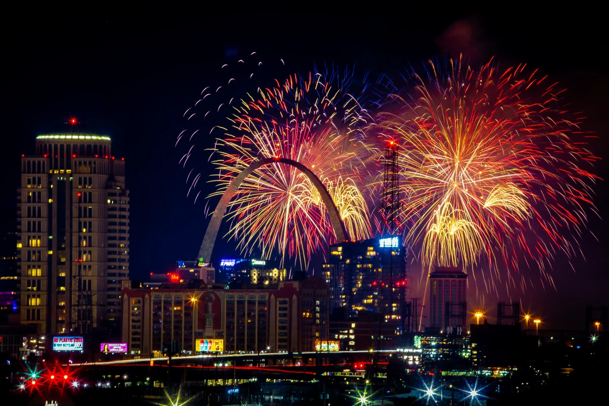 Fireworks blast over the Gateway Arch and St. Louis' skyline on July 4, in downtown St. Louis.