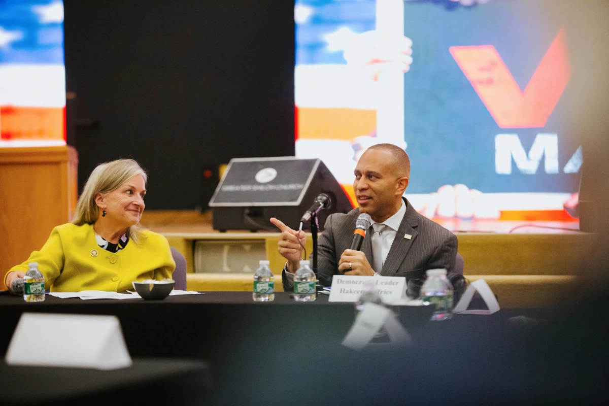 House Minority Leader Hakeem Jeffries speaks alongside Rep. Susan Wild during a roundtable discussion about voting rights at Greater Shiloh Church in Easton, Pa, on Oct. 10.
