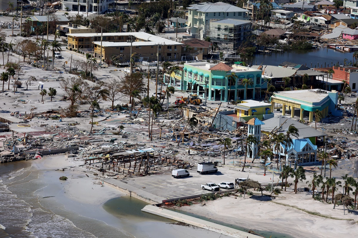 In an aerial view, damaged buildings are seen after Hurricane Ian passed through Fort Myers Beach, Florida in September 2022. The hurricane brought high winds, storm surge and rain to the area, causing severe damage.