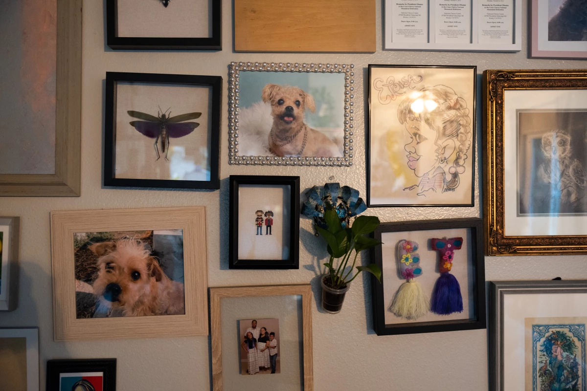 Photos of pet dogs Yaretzi  and Mali adorn the apartment walls in Redlands, Calif., on July 18.