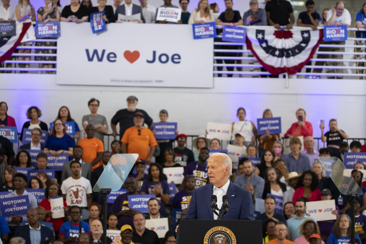 President Biden speaks to supporters at Renaissance High School on July 12, 2024 in Detroit.