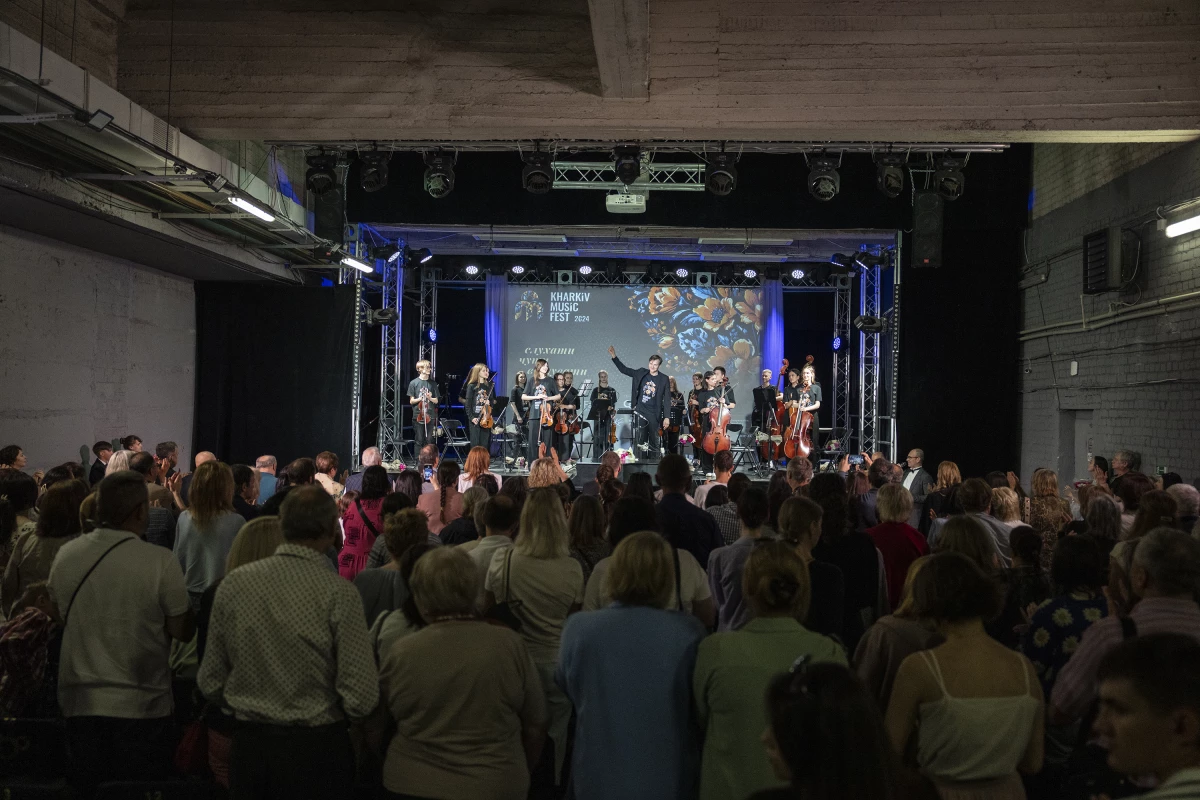 A children’s orchestra, led by Belarusian conductor Vitali Alekseenok, performs on the final night of the Kharkiv Music Fest in the basement of the Kharkiv State Academic Opera and Ballet Theatre in Kharkiv, Ukraine, on May 31.