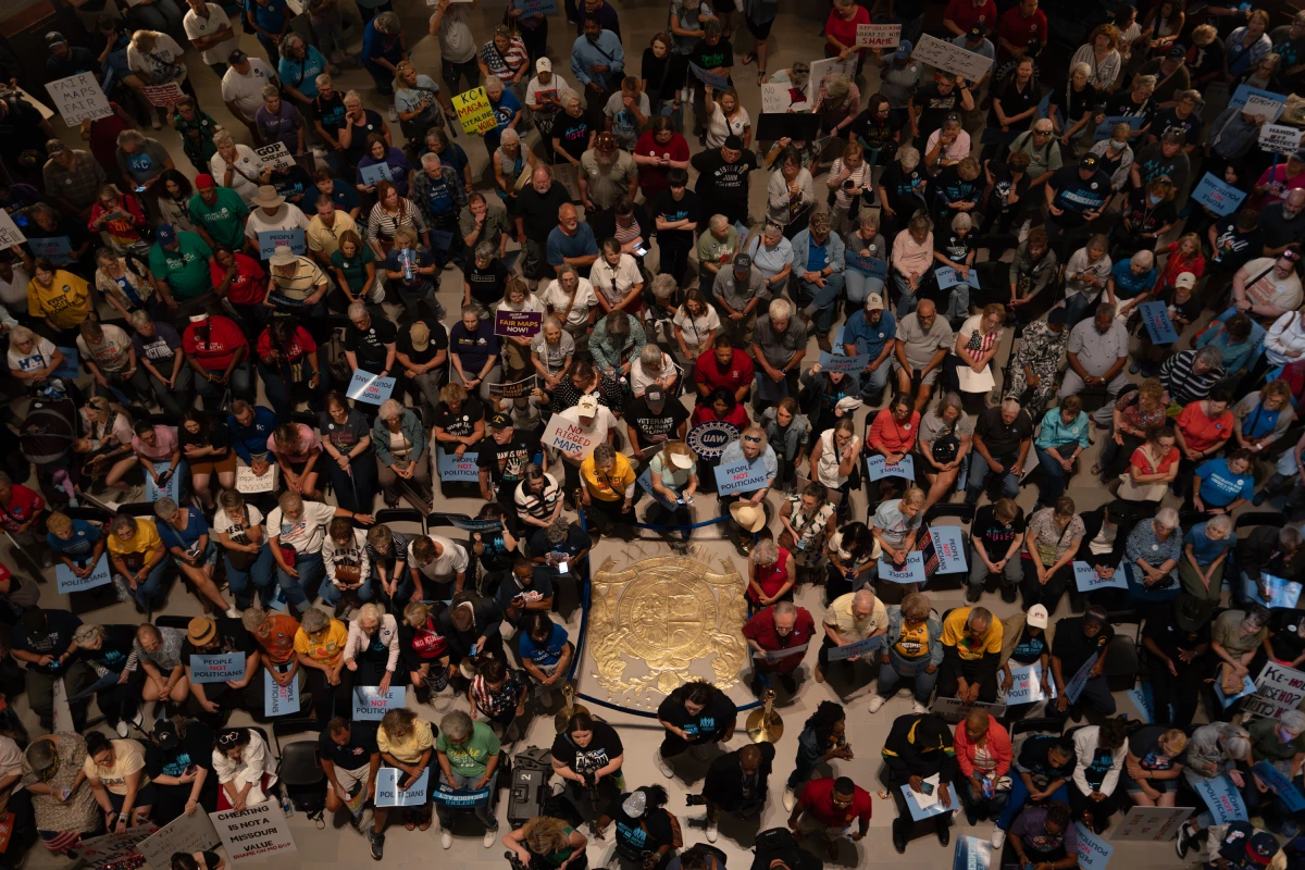 Thousands gather to protest the Missouri legislature's efforts to redraw congressional maps to favor the GOP and amend the initiative petition process on Wednesday, Sept. 10, 2025, at the state Capitol in Jefferson City.