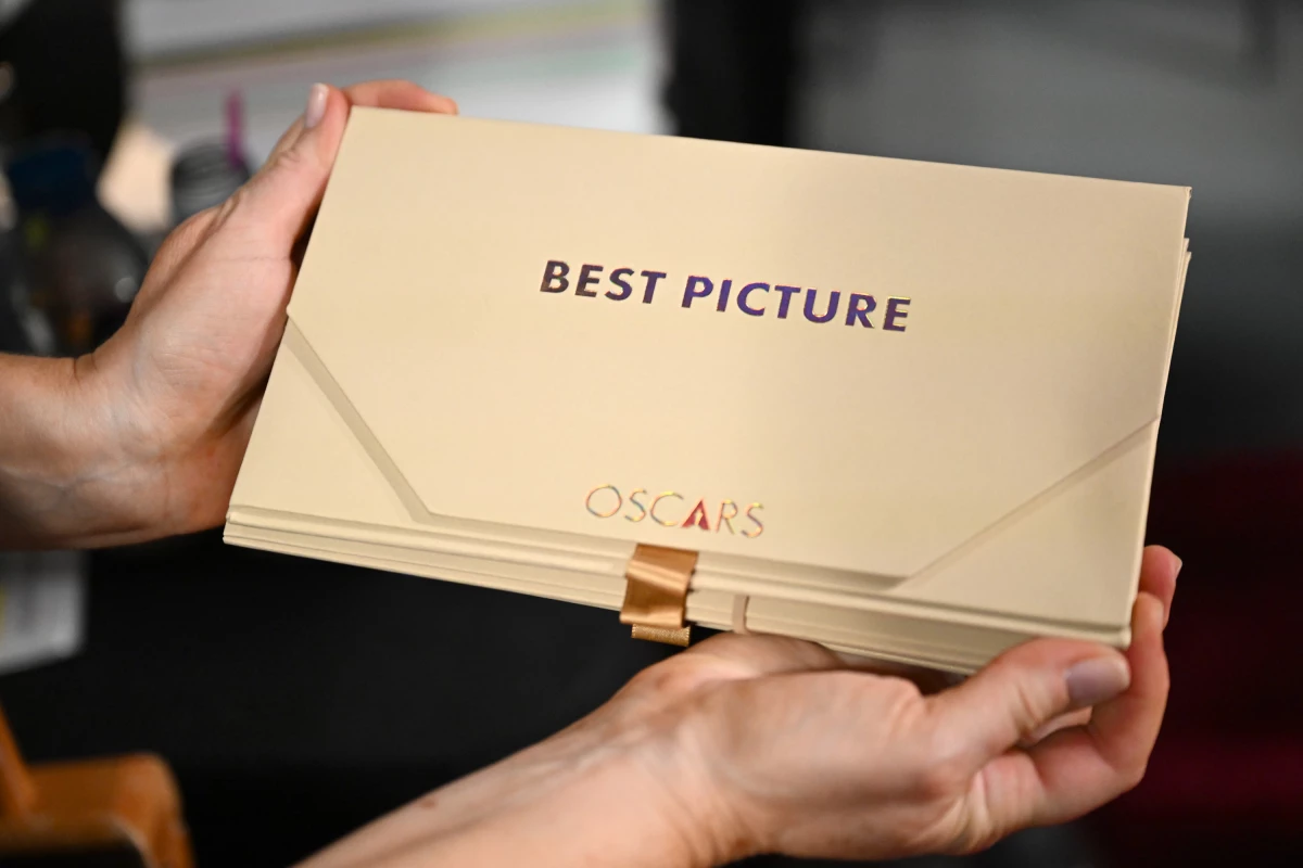 The best picture envelope is shown backstage during the Academy Awards in 2024.
