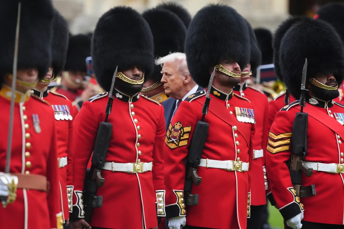 President Trump reviews the guard of honor during his state visit on September 17, 2025 in Windsor, England.